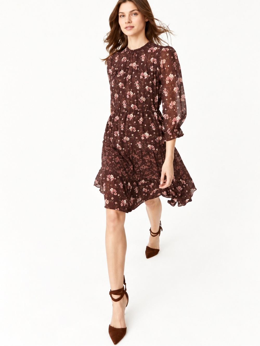 Ulla Johnson Silk Floral Tiered Long-Sleeve Dress in Deep Plum size 6